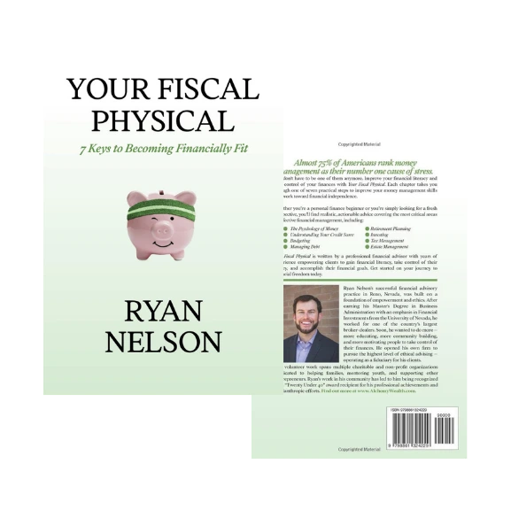 Design from Canva (14) Front and back cover of the book "Your Fiscal Physical: 7 Keys to Becoming Financially Fit" by Ryan Nelson, featuring a piggy bank with a headband and author information on the back.