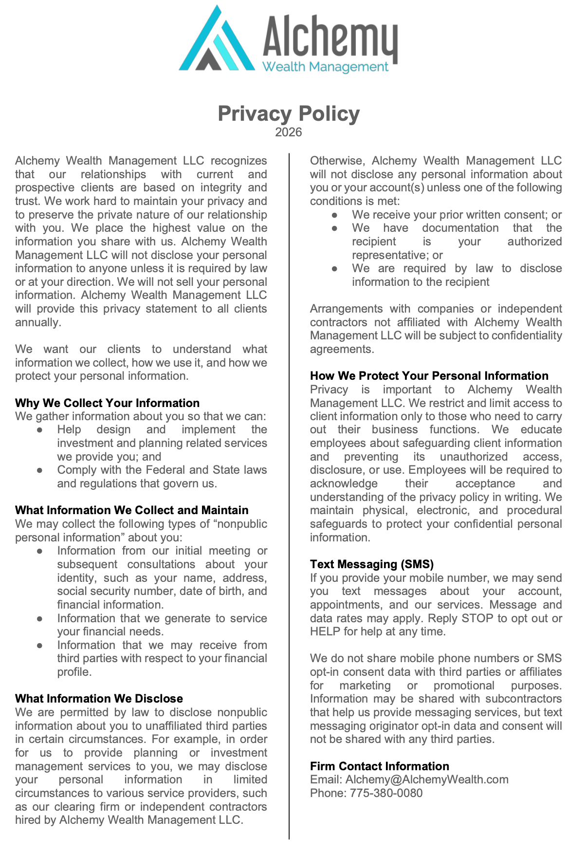 Alchemy Wealth Management Privacy Policy 2026